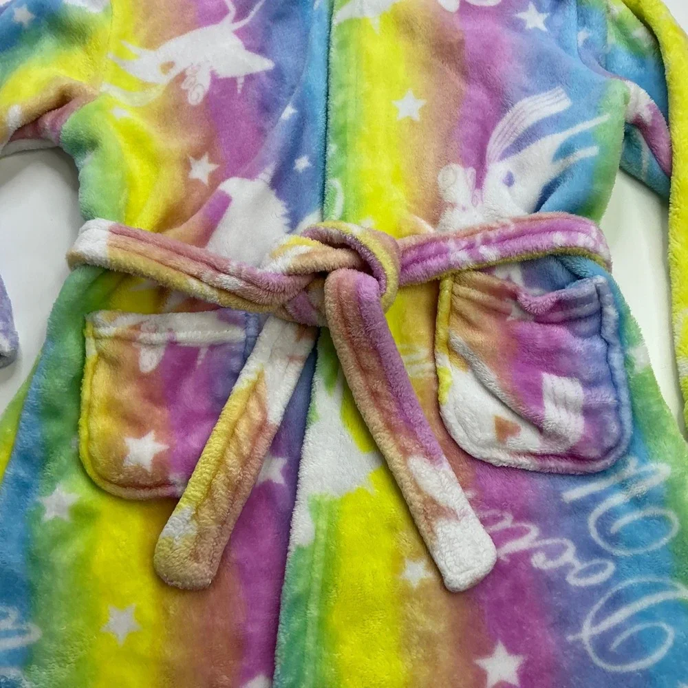 Rainbow Unicorn Fleece Robe Kids 6-7Y With Matching Doll Robe Set